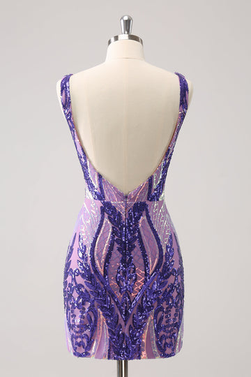 Vestido de fiesta corto ajustado con cuello en V y lentejuelas de color morado oscuro brillante